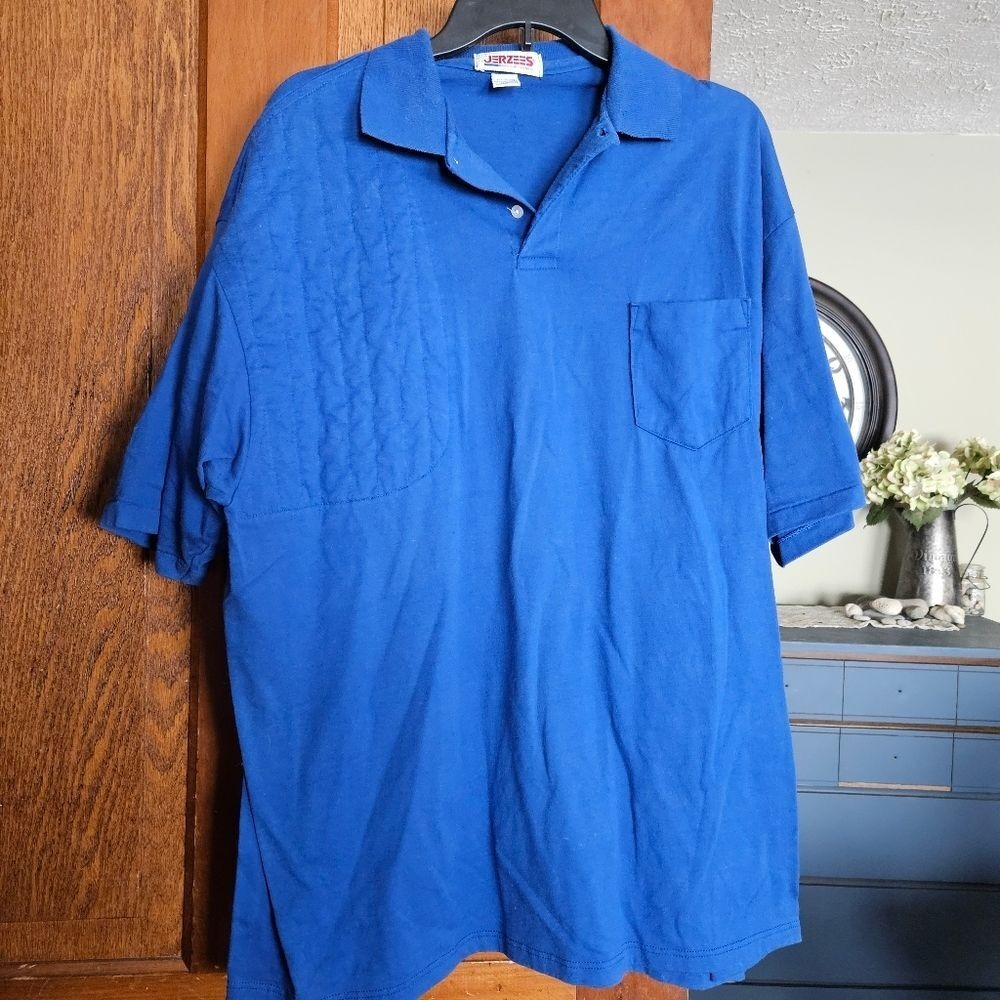 Jerzees Polo Shirt Mens XXL Blue Quilted Shoulder Pocket Made in USA Excellent